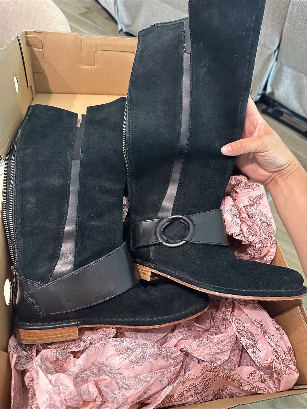 OluKai Black Over-the-Knee Suede Boots with Leather Trim